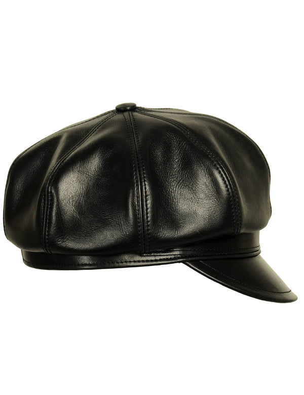 Men's black leather eight-panel cap, side view.