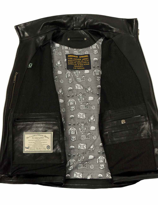 Men's black leather jacket unbuttoned, revealing light lining and inner pockets.