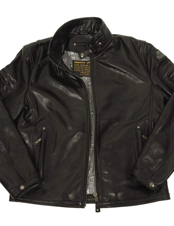 Men's black leather jacket unbuttoned.