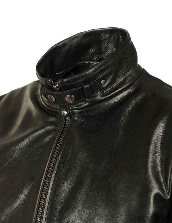 The collar of a men's black leather jacket when buttoned.