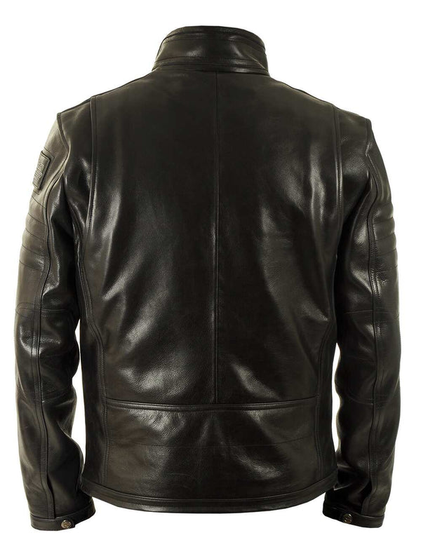Men's black leather jacket, back view.