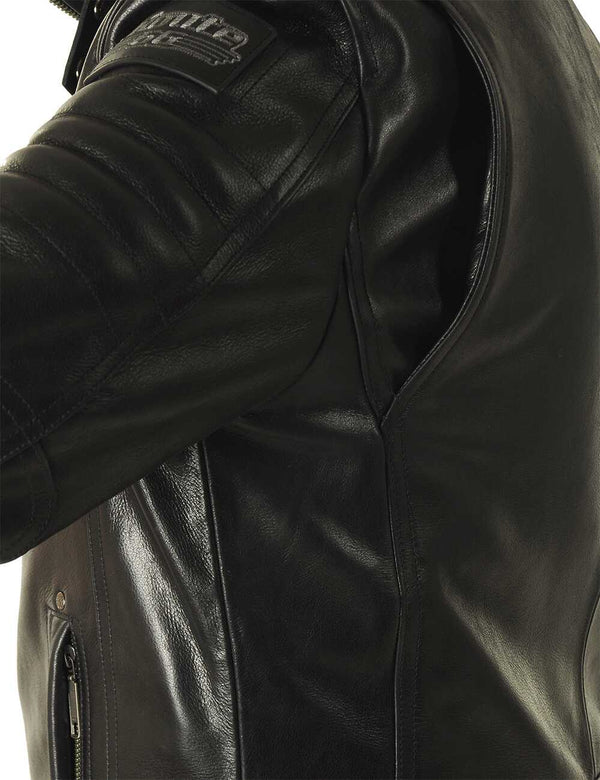 Men's black leather jacket, side view.