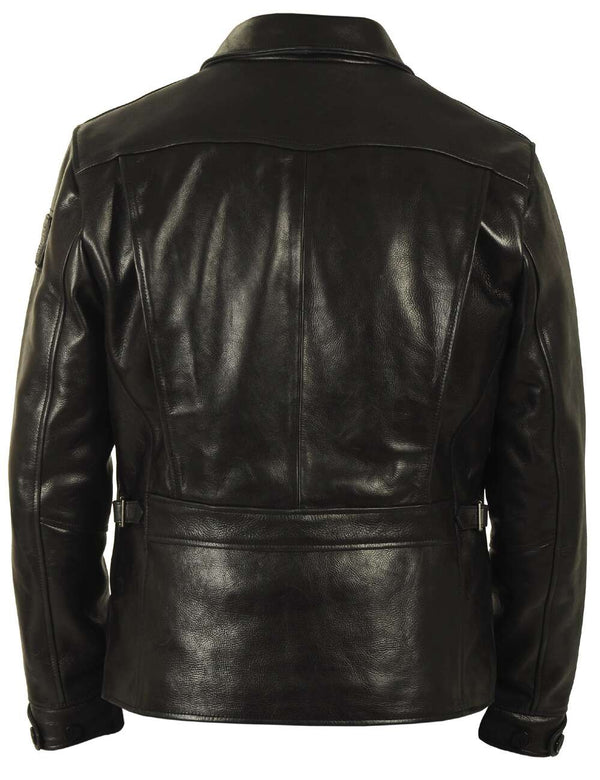 Black men's leather jacket, back view.