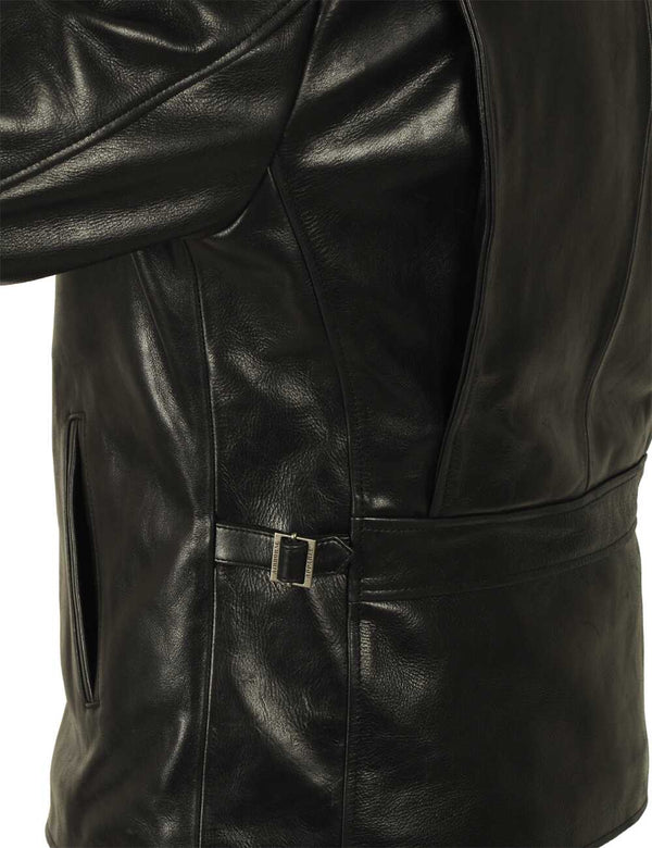 Black men's leather jacket, side view.