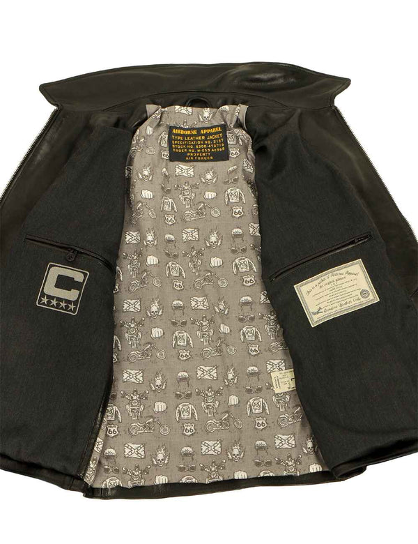 Black men's leather jacket, unbuttoned, revealing light lining and inner pockets.