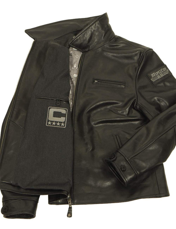 Black men's leather jacket with a patch on the left sleeve, unbuttoned, showing the inside pocket and lining.