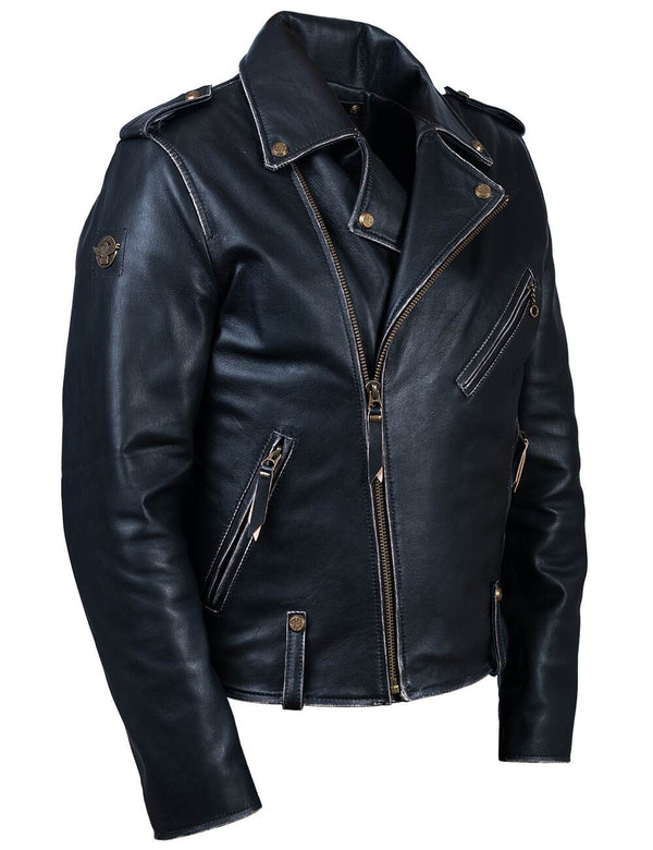Men's black leather biker jacket.