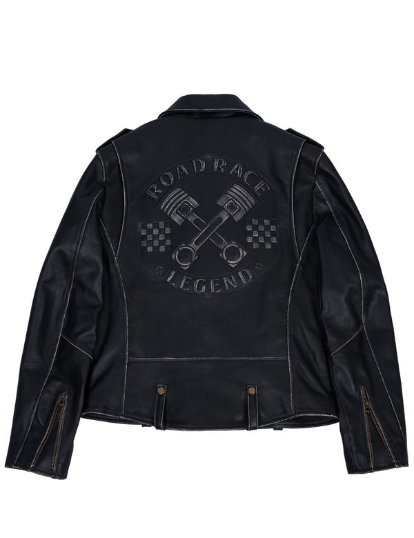 Men's black leather biker jacket with embossing, intentionally frayed light seams, back view.