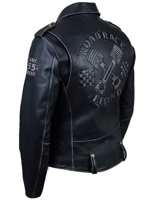 Men's black leather biker jacket with embossing, intentionally frayed light seams, view side from back.