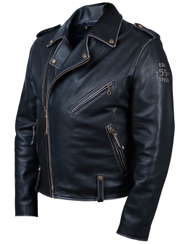 Men's black leather biker jacket.