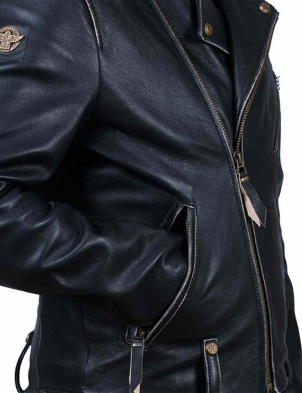 Part of a men's black leather biker jacket with a hand in the right pocket, side view.