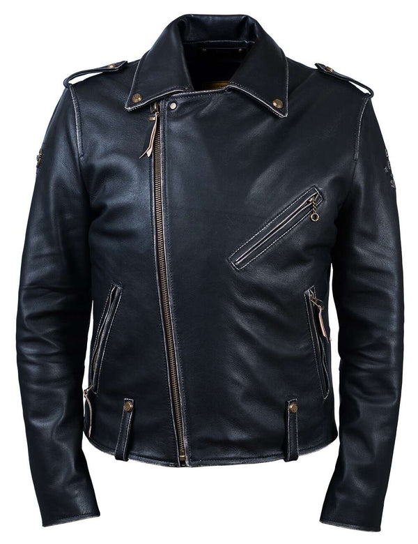 Men's black leather biker jacket with intentionally frayed light seams, front view.