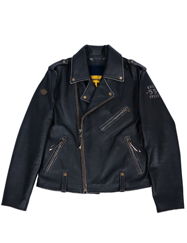Men's black leather biker jacket with intentionally frayed light seams, front view.