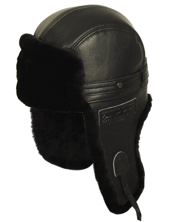 Men's black leather trapper hat.