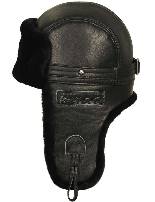 Men's black leather trapper hat.