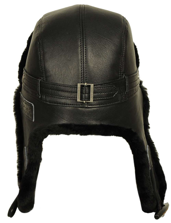 Men's black leather and sheepskin ushanka hat with metal clasp, back view.