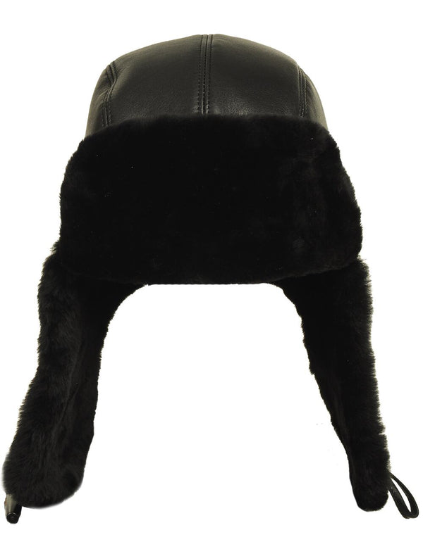 Men's black leather and sheepskin trapper hat, front view.