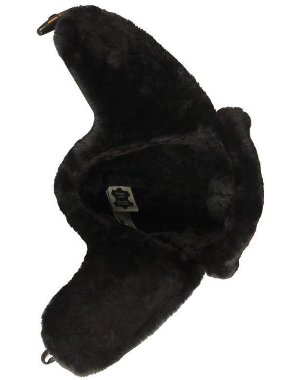 Inside view of a black sheepskin trapper hat.