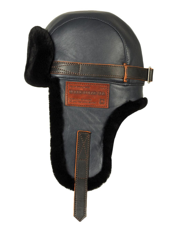 Dark blue leather men's trapper hat.