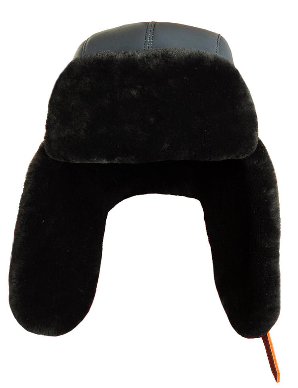 Front view of dark blue leather men's trapper hat with sheepskin lining.