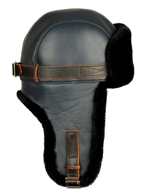 Navy blue leather men's trapper hat.