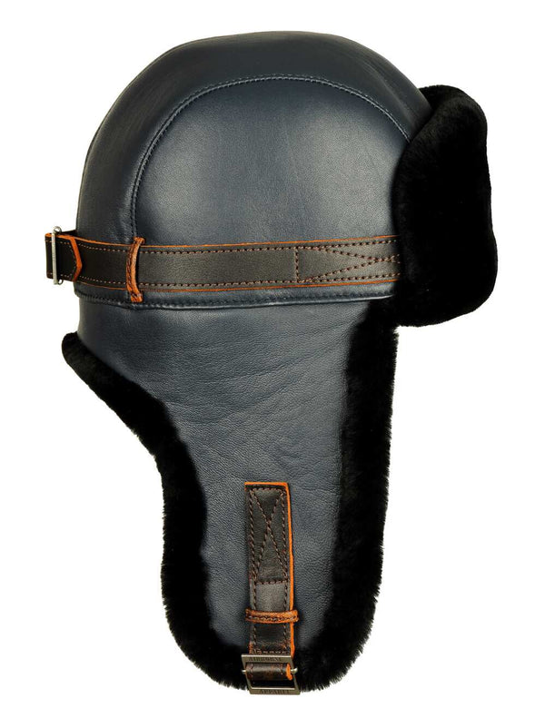 Navy blue leather men's trapper hat.