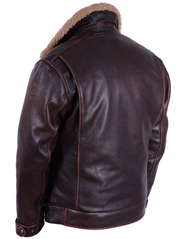 Men's brown leather jacket with fur collar, back view.