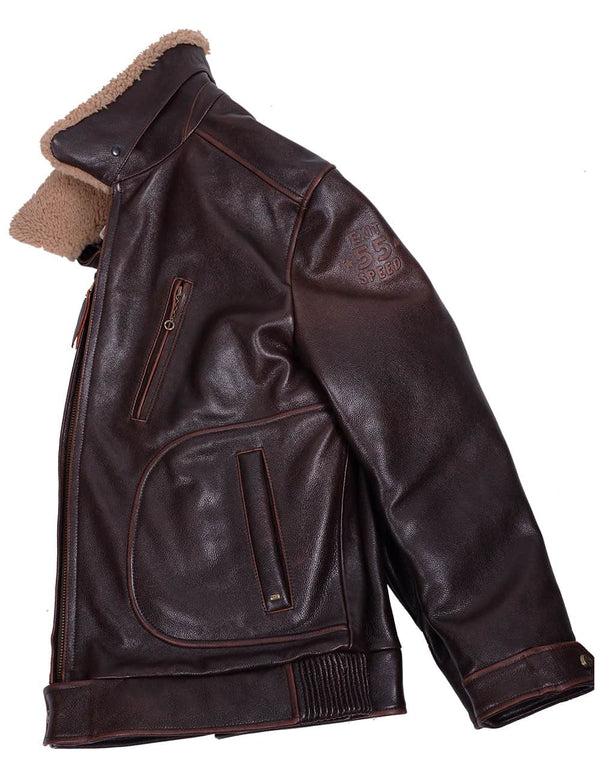 Left side of a men's brown leather jacket with fur collar.