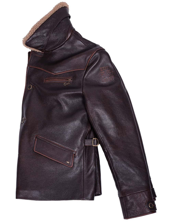 Left side of a men's brown leather jacket with a fur collar.