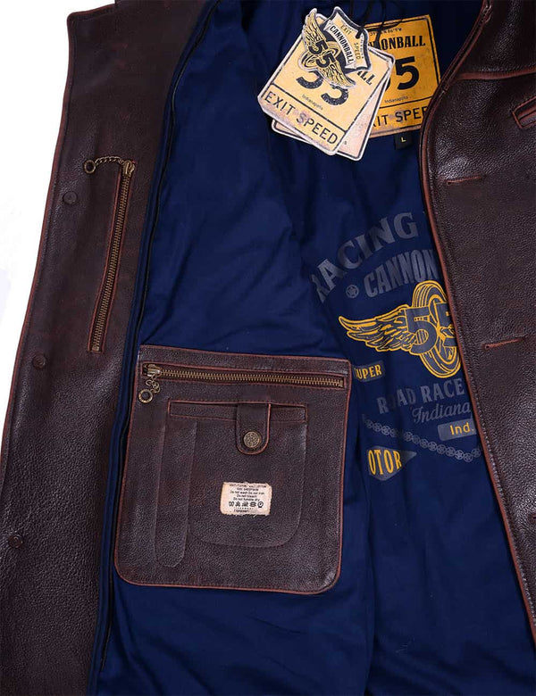 Dark blue lining and interior pockets of a men's brown leather jacket.