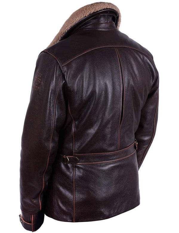 Men's brown leather jacket with fur collar, back view.