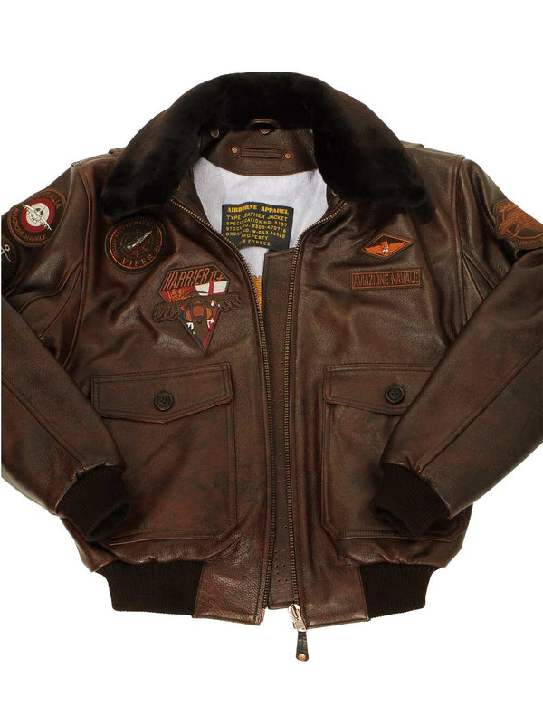 Brown men's leather jacket with patches and a fur collar, unbuttoned.