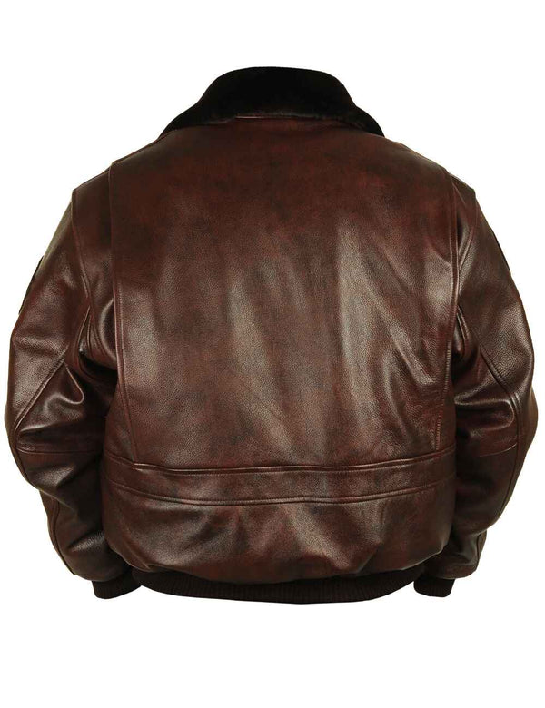 Brown men's leather jacket with elastic waistband, back view.