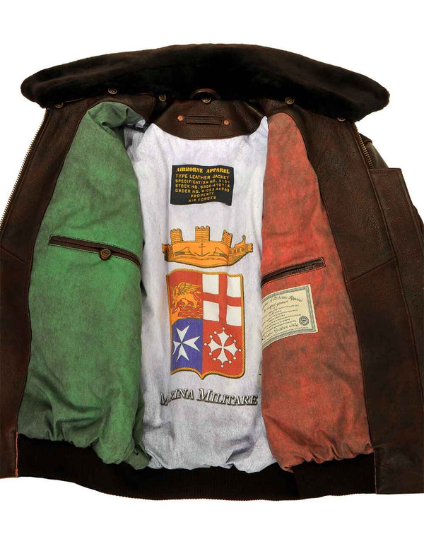 Men's brown leather jacket unbuttoned, showing the lining in the colors of the Italian flag.