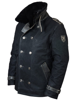 Men's black pea coat.