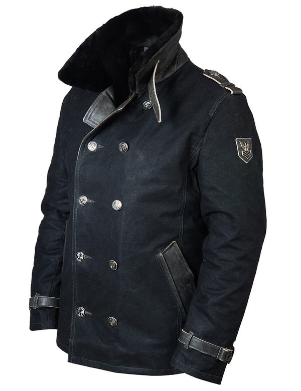 Men's black pea coat.