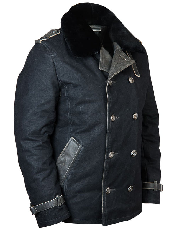 Men's black pea coat.