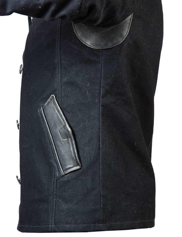 Side view of men's black pea coat.