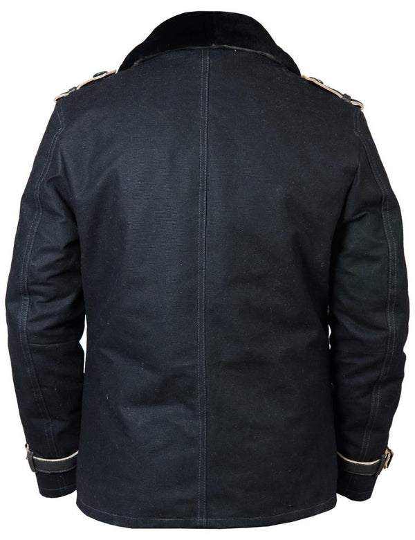 Back of a men's black pea coat.