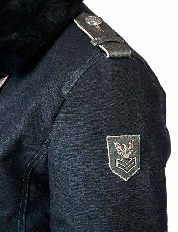 Patch on the sleeve of a men's pea coat.
