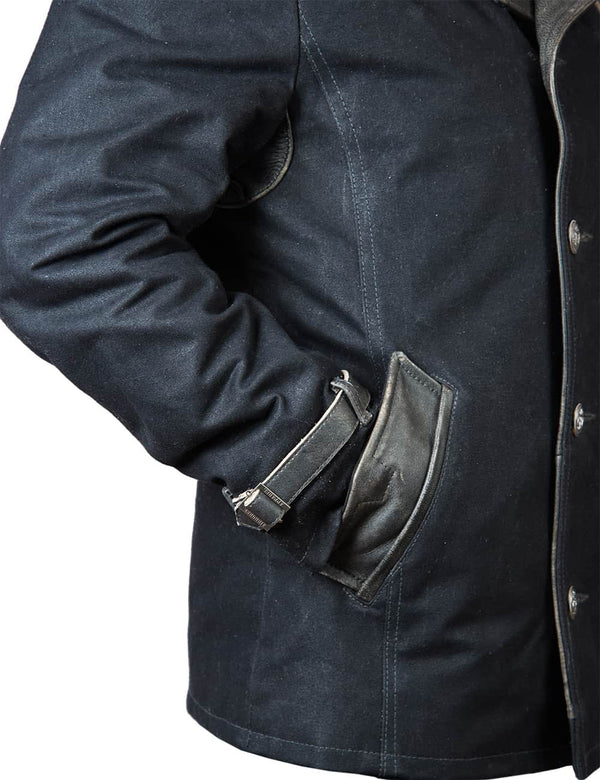 Part of a men's black pea coat.