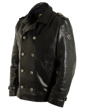 Men's black leather pea coat.