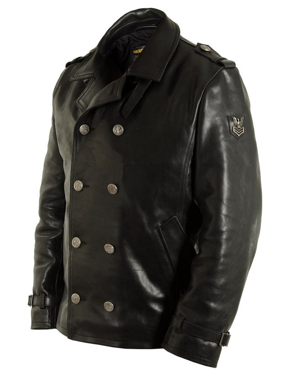 Men's black leather pea coat.
