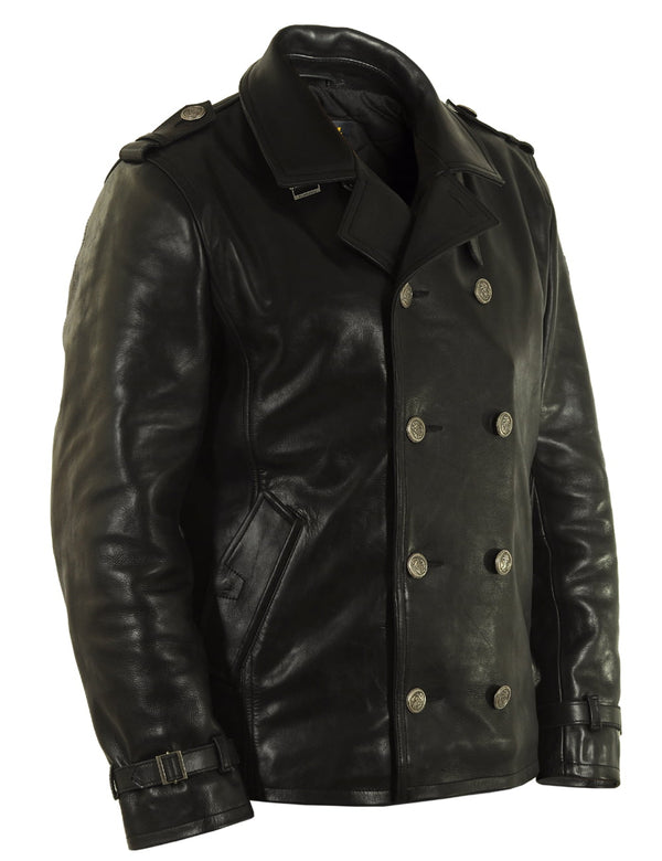 Men's black leather pea coat.