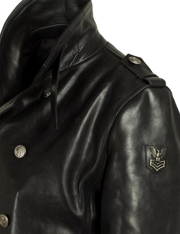 Part of a men's black leather pea coat.
