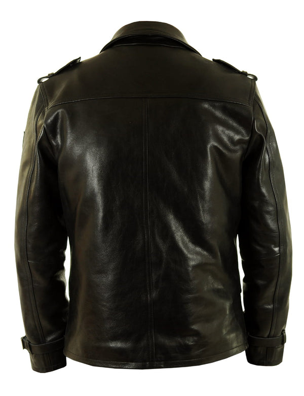 Back of a men's black leather pea coat.