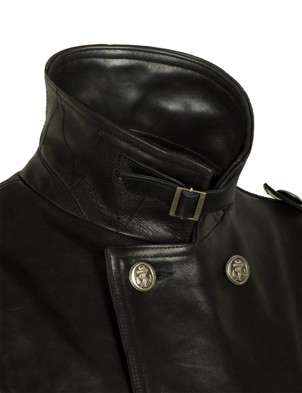 Part of a men's black leather pea coat.