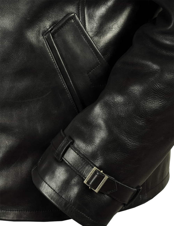 Part of a men's black leather pea coat.