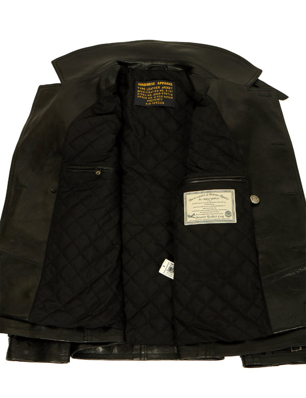 Men's black leather pea coat.