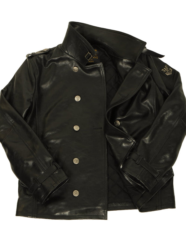Men's black leather pea coat.